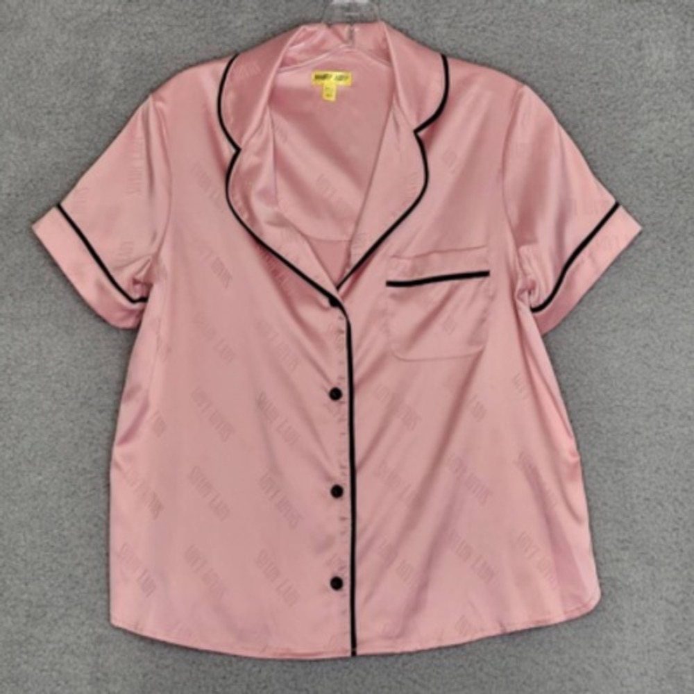 Shady Lady Top Womens Pajama Sleepwear Pink Button Silky Logo‎ Collared XS New